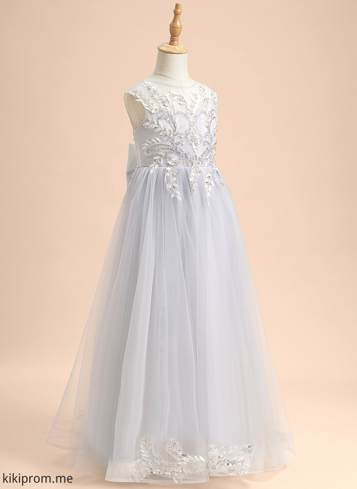 With Floor-length Sleeveless Janiyah Beading/Sequins/Bow(s) Neck Dress - Flower A-Line Girl Scoop Tulle Flower Girl Dresses