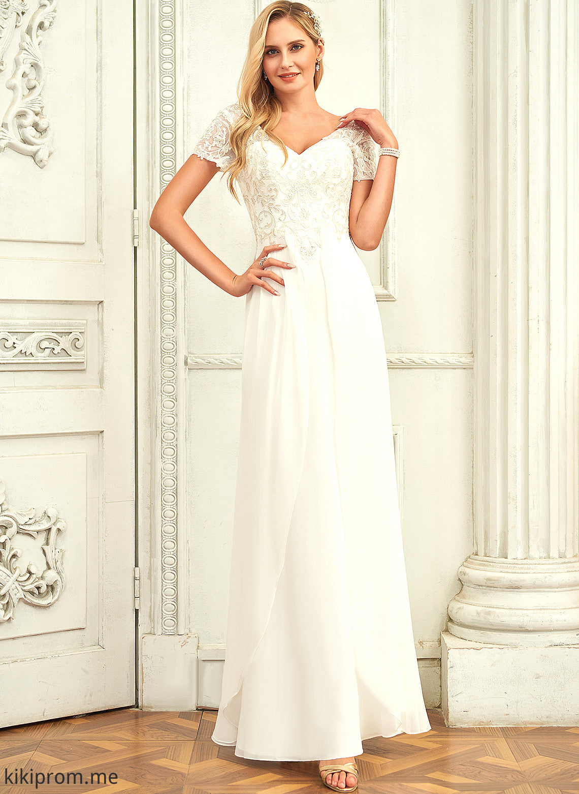 Dress Wedding V-neck With Floor-Length Wedding Dresses Chiffon Lace Ariana A-Line