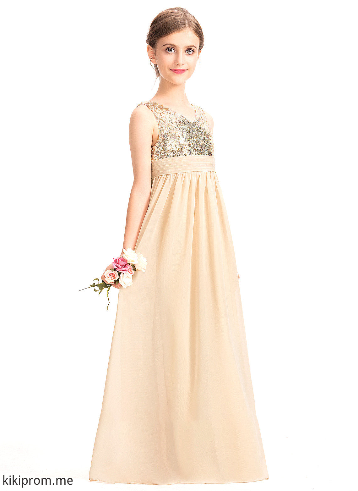 With V-neck Chiffon Ruffle Junior Bridesmaid Dresses Rory A-Line Floor-Length Sequined