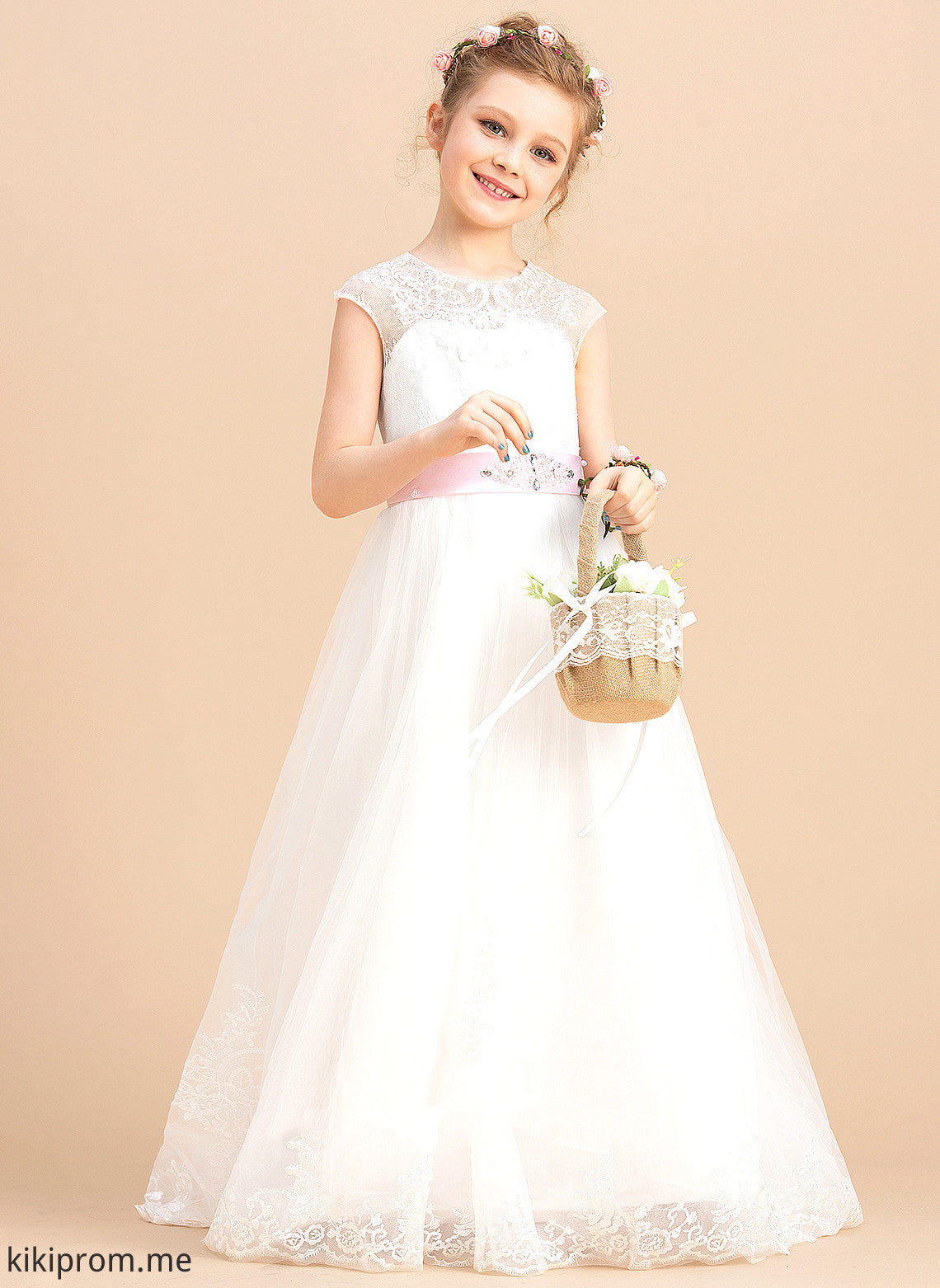 Floor-length Sleeveless Sash/Beading/Appliques/Bow(s) Neck Marcie With - Dress (Petticoat included) Tulle/Lace Girl Flower Girl Dresses NOT Flower Ball-Gown/Princess Scoop