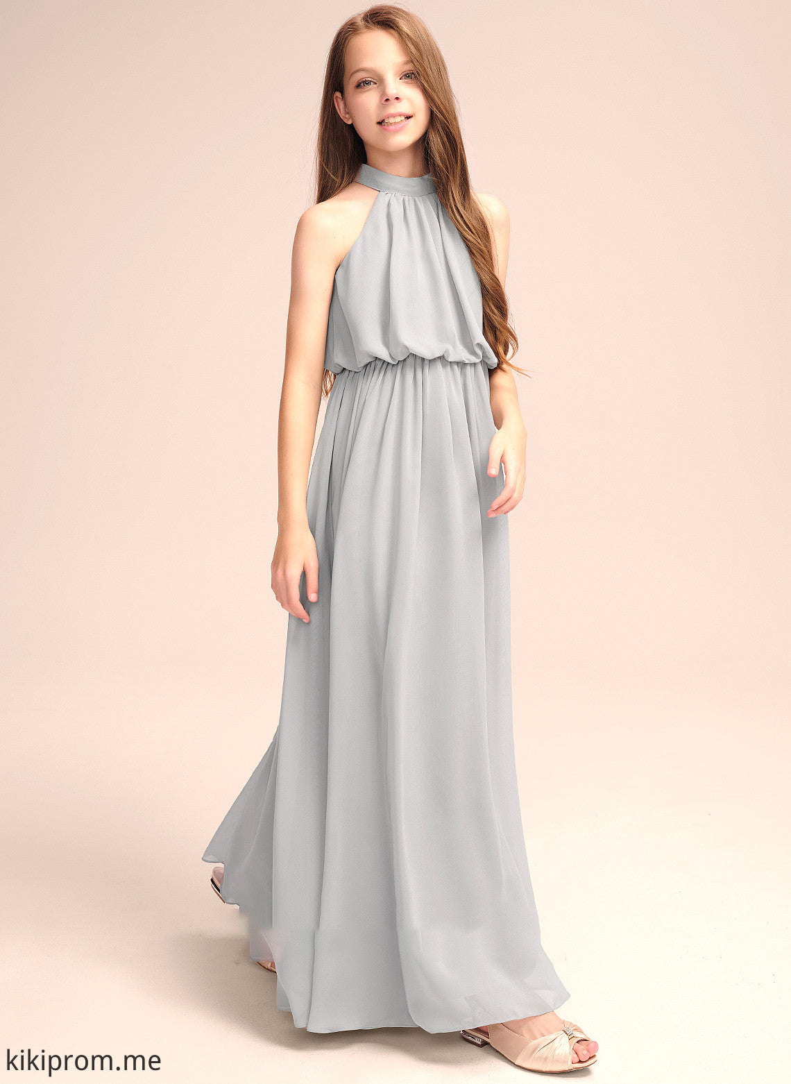 With Floor-Length Ruffle Camille A-Line High Chiffon Neck Junior Bridesmaid Dresses