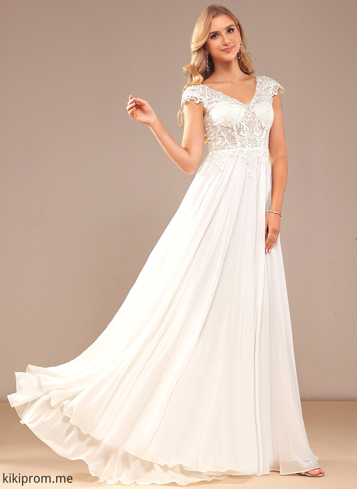 A-Line Natasha Wedding Dresses Chiffon Sweep Dress Lace Train V-neck Wedding Lace With