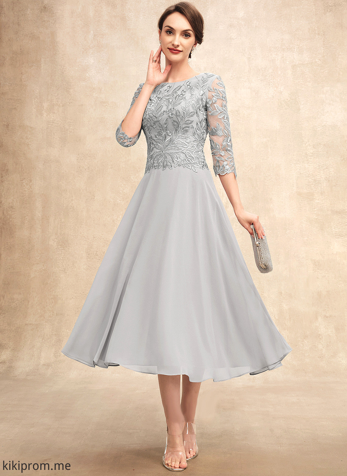 With Mother of the Bride Dresses Neck Chiffon Tea-Length Bride Lily Lace Dress Scoop of Sequins Mother A-Line the