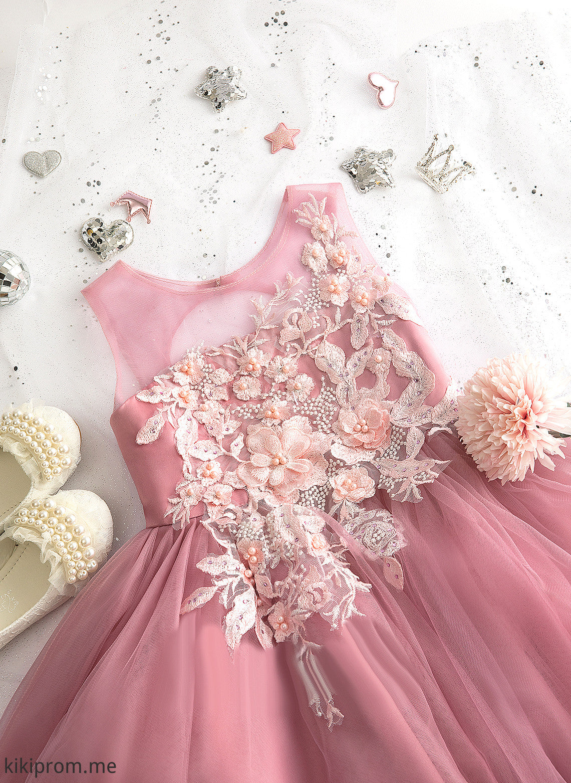 Tulle Sleeveless Girl Scoop Dress Flower Neck Jordin With Flower Girl Dresses Tea-length Lace/Beading - Ball-Gown/Princess