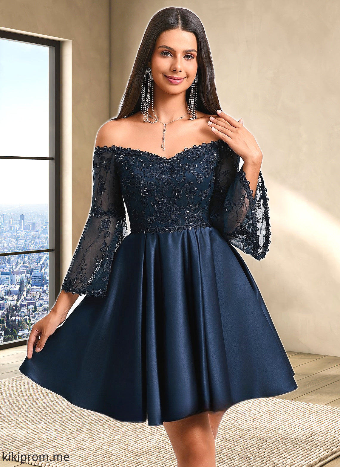 Magdalena A-line Off the Shoulder Short Satin Homecoming Dress With Sequins HFP0025651