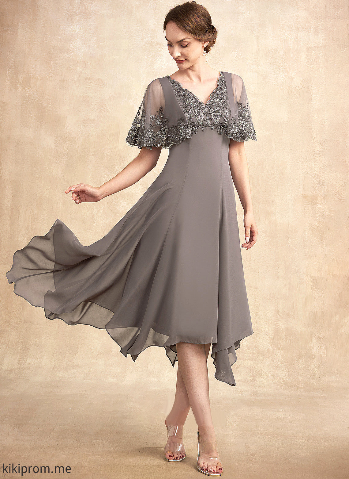 Chiffon of Mother Sequins Bride A-Line Dress Lace Emmalee Tea-Length Beading Mother of the Bride Dresses the V-neck With