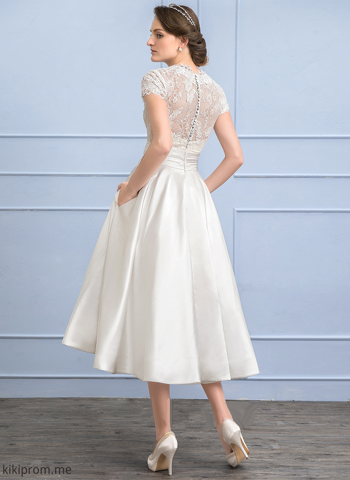 Tea-Length Wedding Dresses Lace Allison Dress Ruffle V-neck Wedding A-Line Satin Pockets With