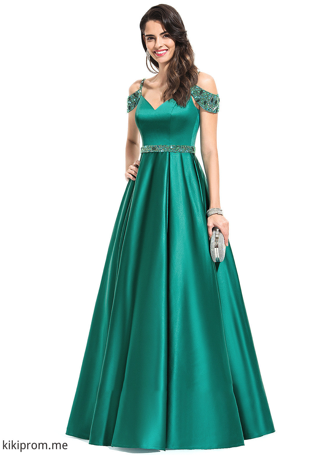 Floor-Length Satin Beading Prom Dresses Lauren V-neck Ball-Gown/Princess Sequins With