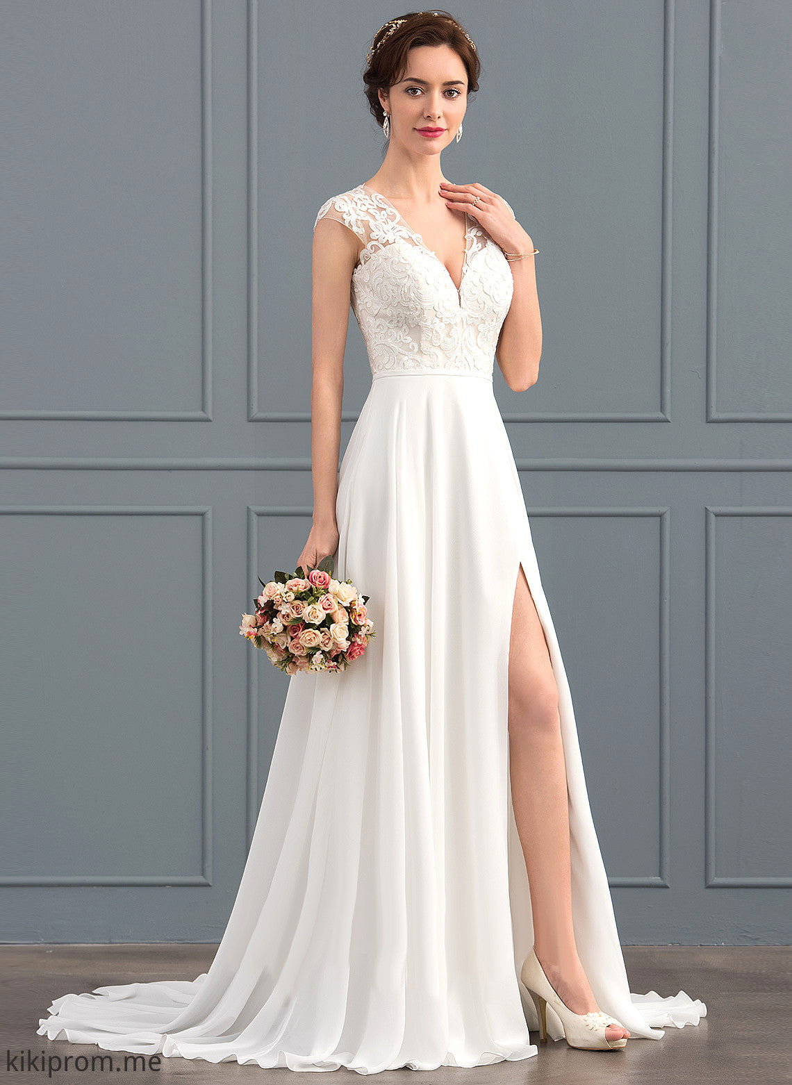 Wedding Dresses Wedding Split Train Lace A-Line V-neck Chiffon Dress Sweep With Front Mavis