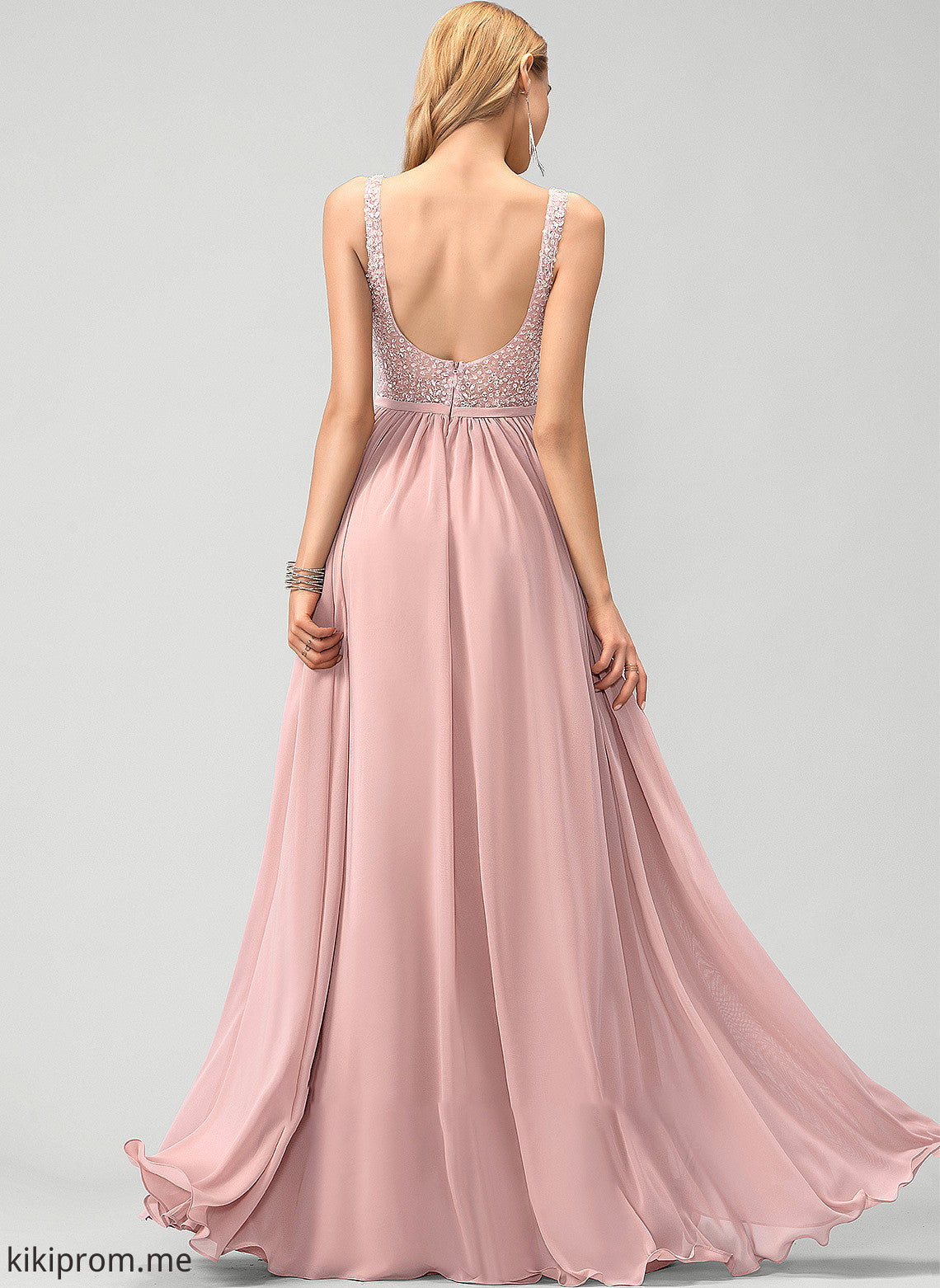 Floor-Length Front Kylee A-Line With Split Prom Dresses Chiffon Sequins V-neck Beading