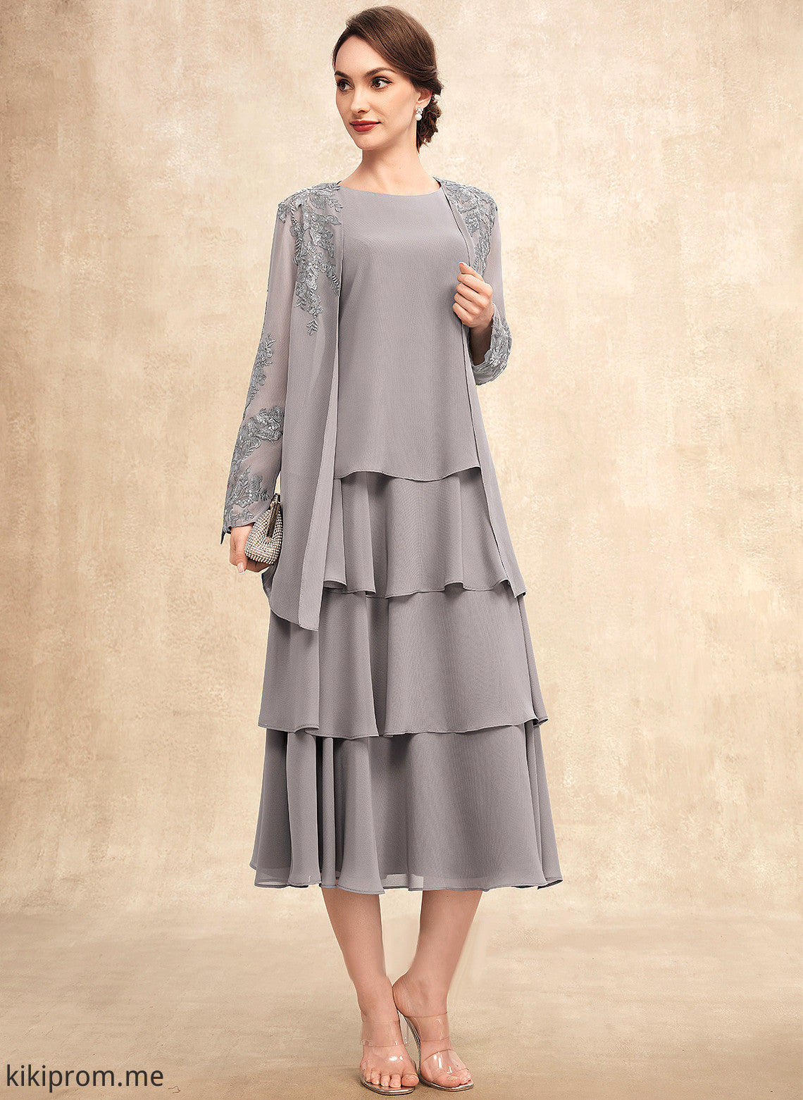 Dress Tea-Length the A-Line Cascading Mother of Neck Chiffon Scoop With Mother of the Bride Dresses Ayana Bride Ruffles