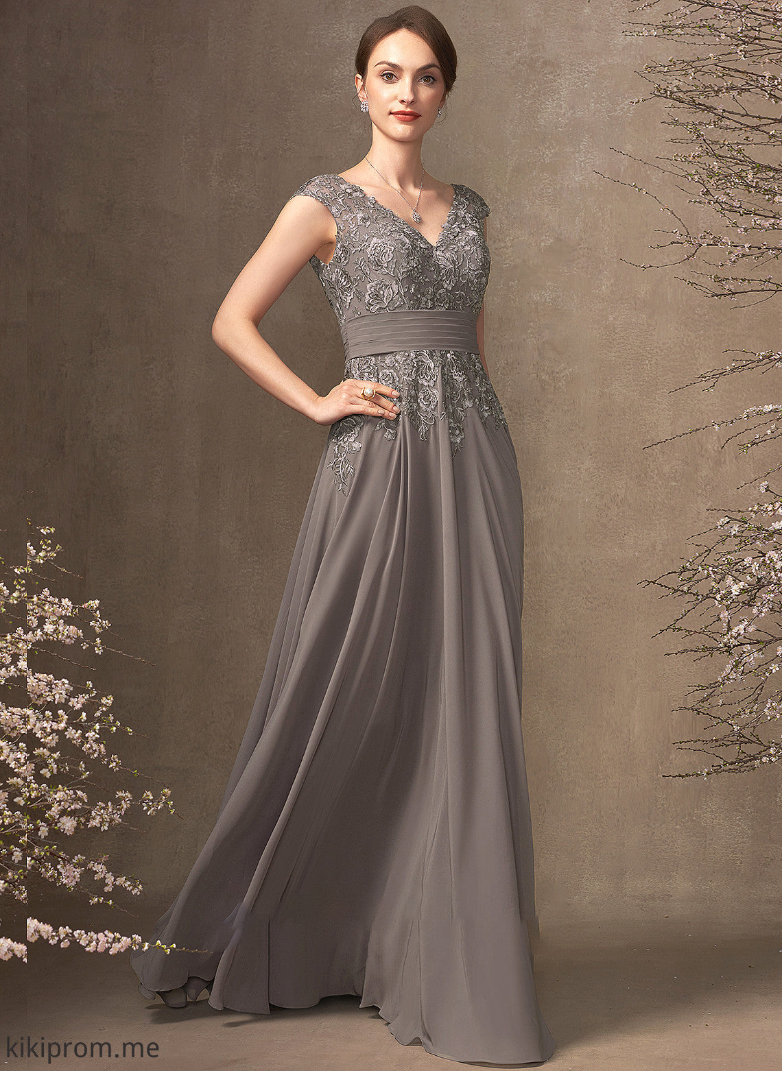 A-Line of Floor-Length Sequins Mother of the Bride Dresses Cloe Bride Chiffon Dress the Lace Ruffle With V-neck Mother