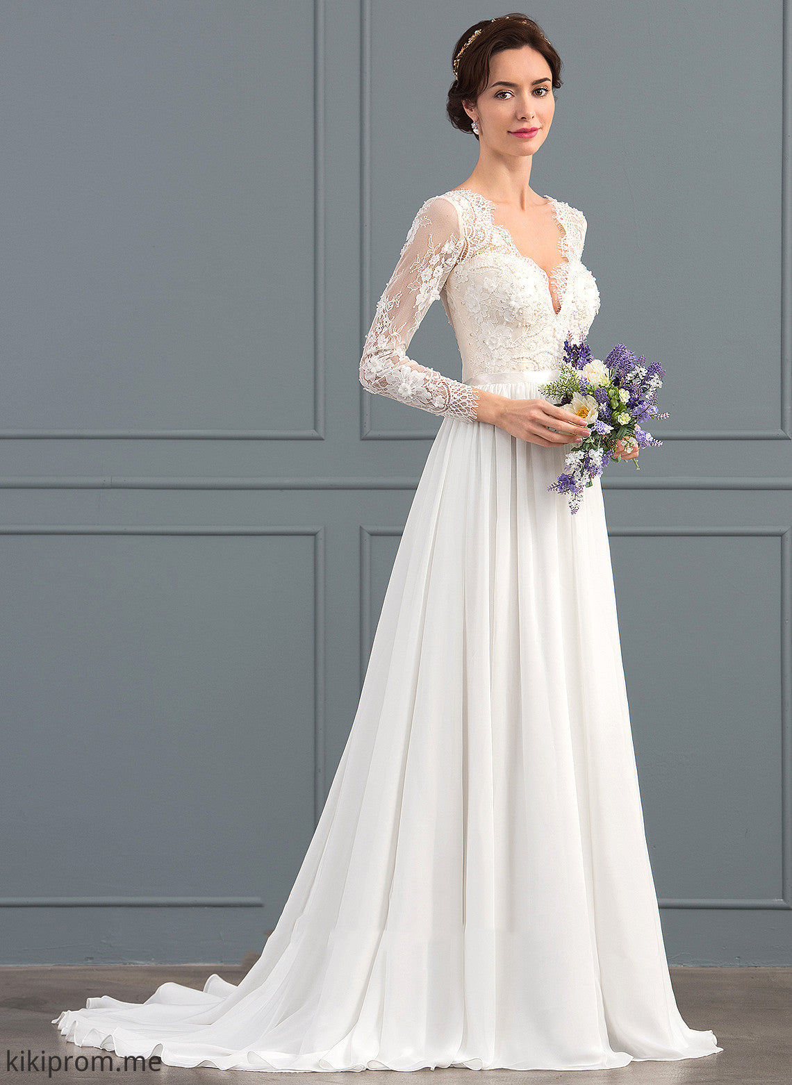 Wedding Dresses Dress Train With V-neck Lace A-Line Sequins Haven Sweep Beading Chiffon Wedding