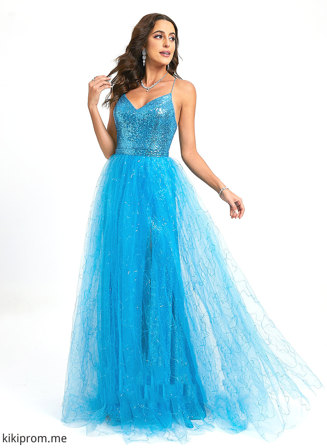 With Sequined Tulle Ball-Gown/Princess Prom Dresses Floor-Length Sequins Carolyn V-neck