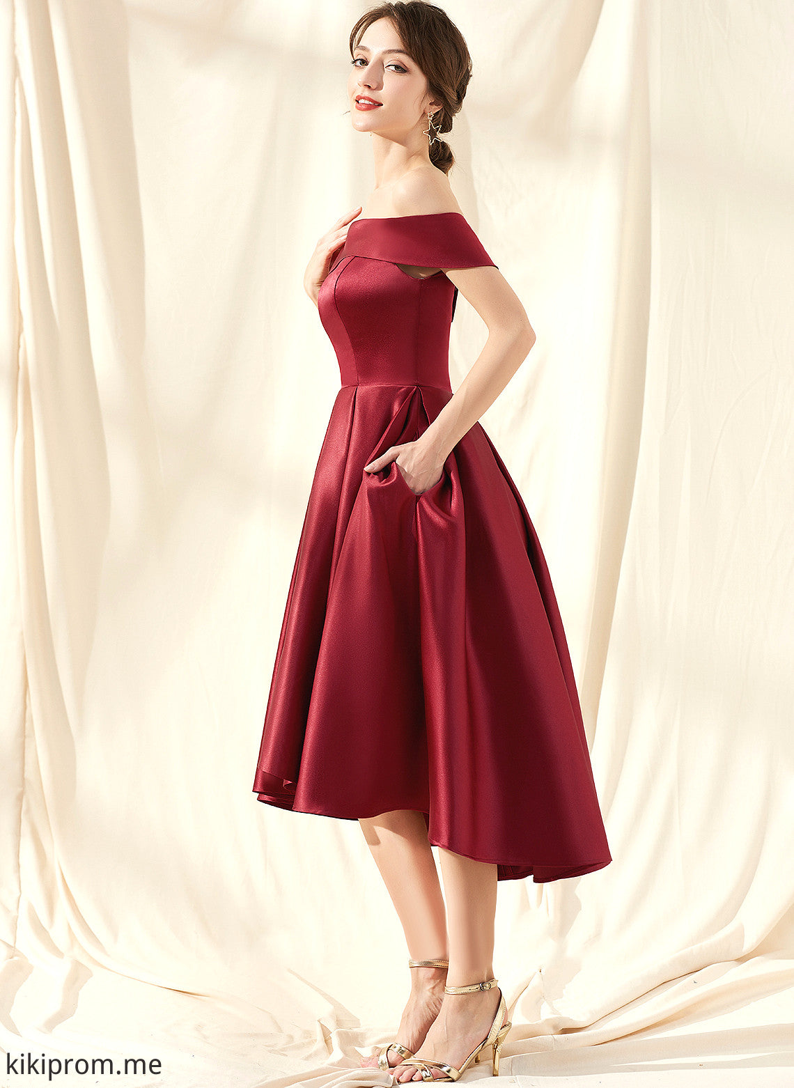 With Dress A-Line Off-the-Shoulder Homecoming Dresses Vivian Asymmetrical Pockets Homecoming Satin