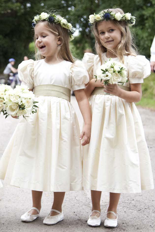 Vintage Juliet Sleeves Tea Length Round Neck Satin Flower Girl Dresses, Little Dresses STF15606