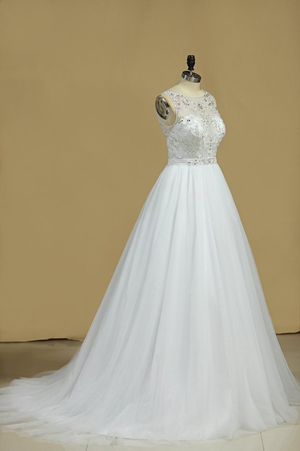 2024 A Line Bateau Open Back Beaded Bodice Tulle Court Train Wedding PP26E27N