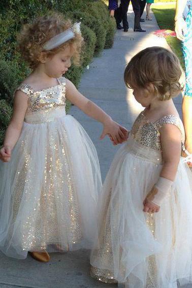 Cute Glitter A Line Gold Sequins Tulle Flower Girl Dresses, Little Girl Dresses STF15573