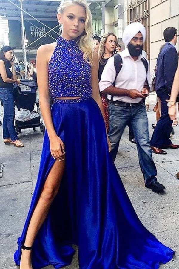 2 Pieces High Neck Royal Blue Beading Long Beautiful Prom Dresses PMG6NMDG