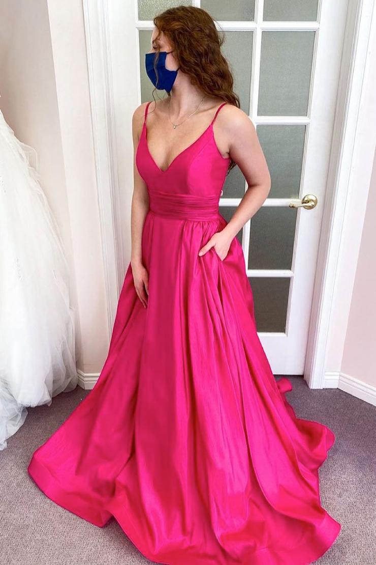 Simple Pink Sleeveless V Neck Satin Long Prom Dresses