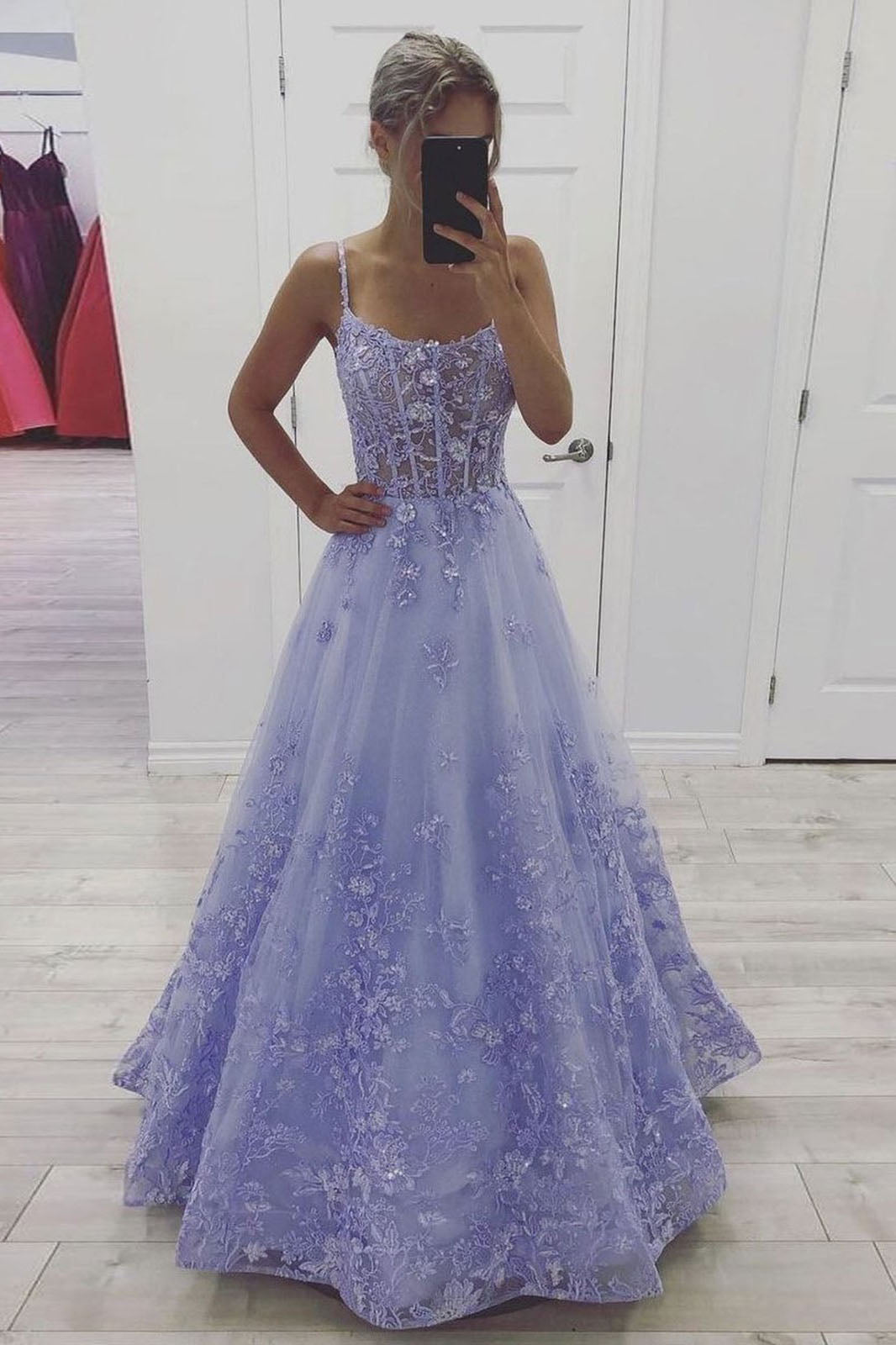 Lavender Lace Appliques Evening Party Dresses A line Tulle Long Prom Dresses