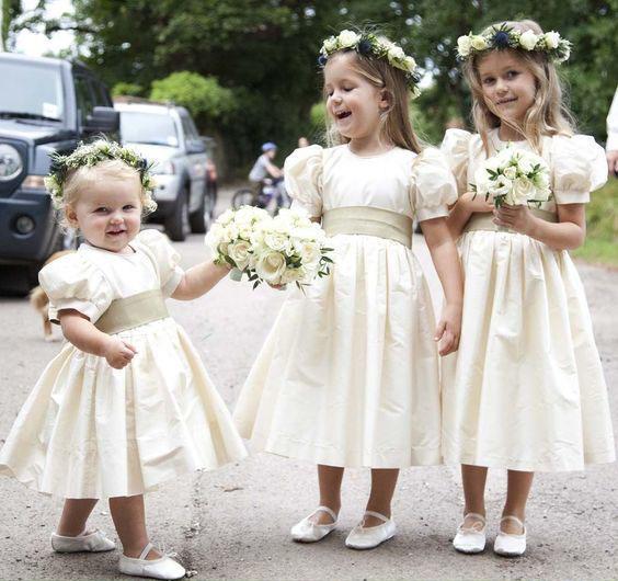 Vintage Juliet Sleeves Tea Length Round Neck Satin Flower Girl Dresses, Little Dresses STF15606