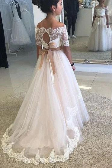 A Line Off the Shoulder Half Sleeve Flower Girl Dresses with Lace up, Wedding Party Dresses STF15550