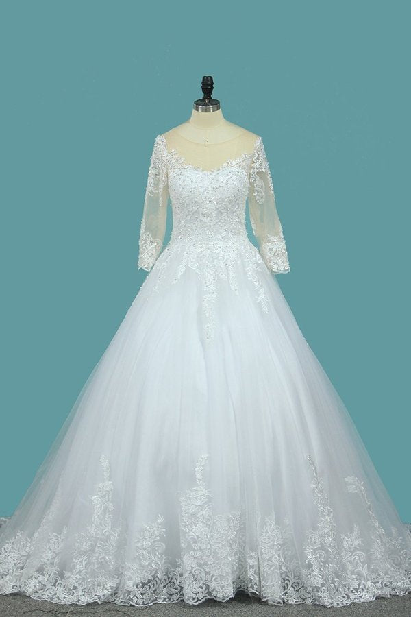 2024 A Line 3/4 Length Sleeves Tulle Scoop Wedding Dresses P49T4DGE