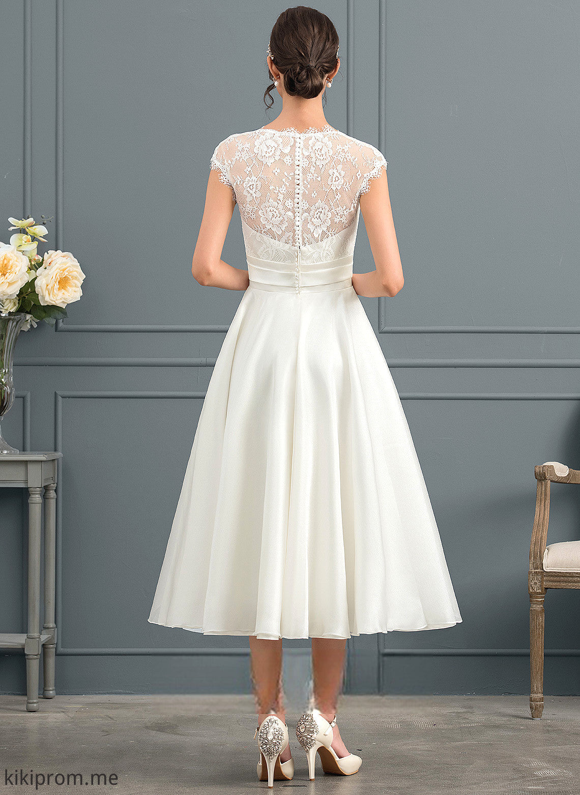 Bow(s) Tea-Length Lace With Satin Dress Wedding A-Line V-neck Fatima Wedding Dresses