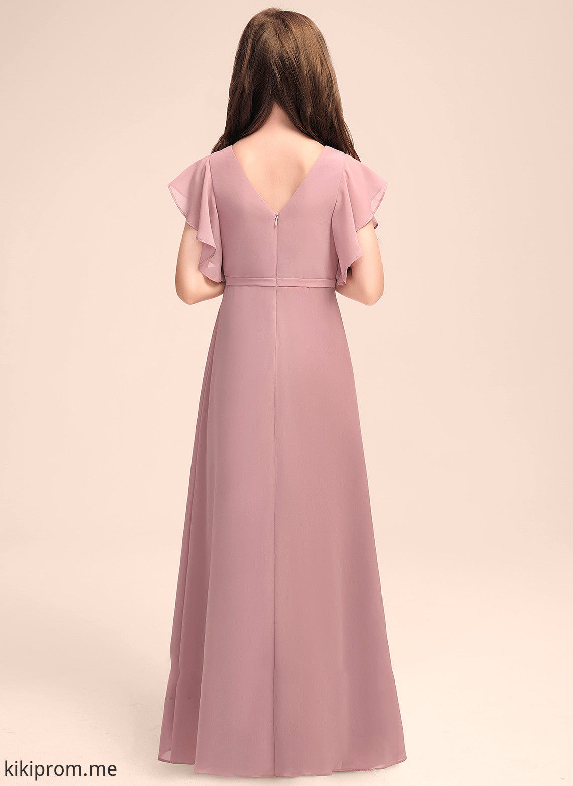 With Junior Bridesmaid Dresses V-neck Maud Chiffon Cascading Ruffles A-Line Floor-Length