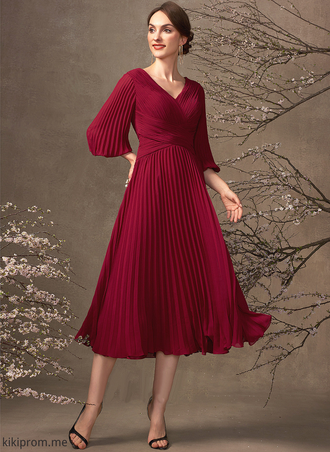 Bride Dress V-neck the With Chiffon of Mother Pleated Tea-Length Heidi A-Line Mother of the Bride Dresses