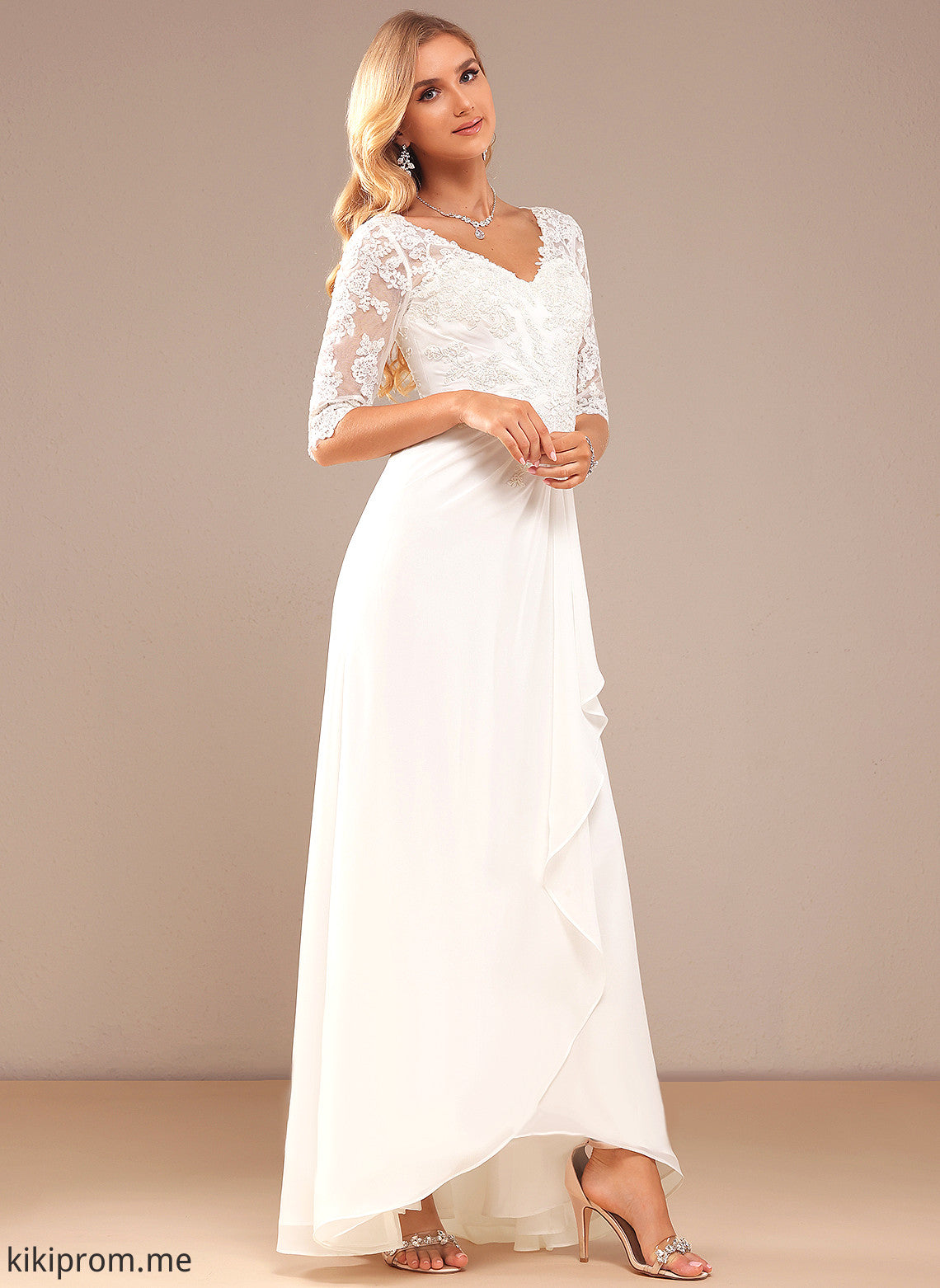 Ruffle V-neck A-Line Chiffon Wedding Lace Kaylen Asymmetrical Dress With Wedding Dresses