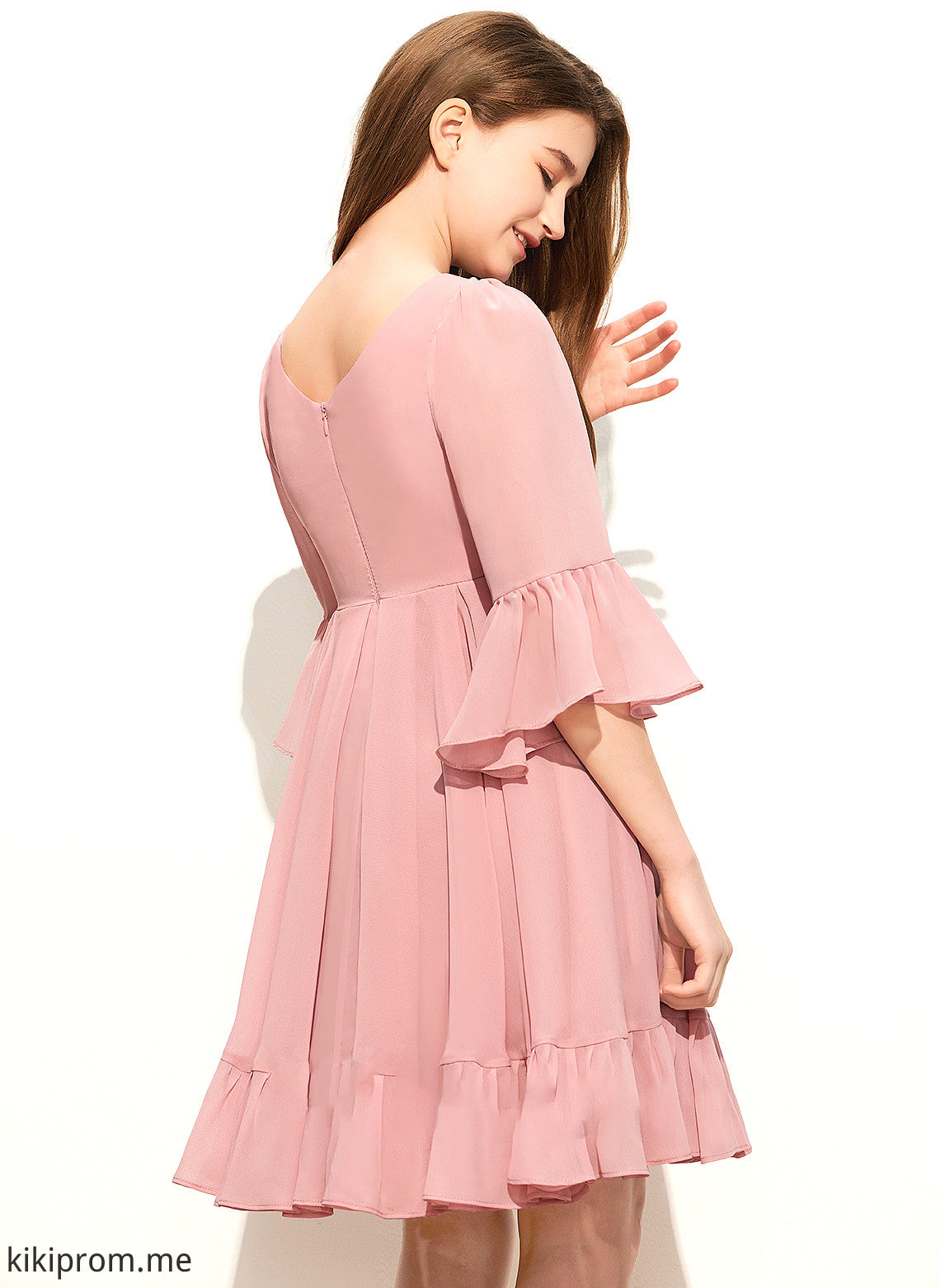 With Monica Knee-Length Cascading Ruffles Chiffon V-neck A-Line Junior Bridesmaid Dresses