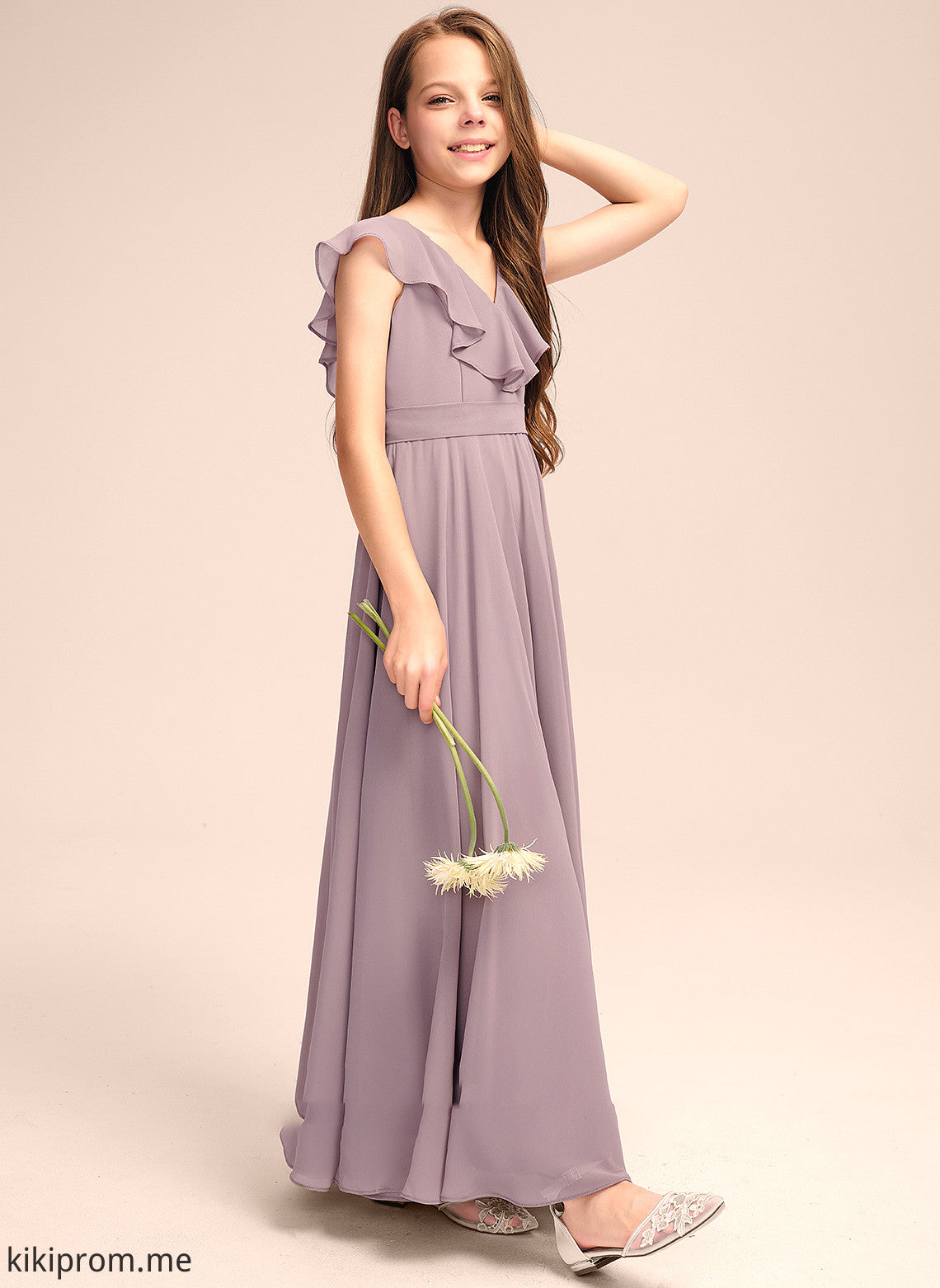 With Chiffon Evangeline Cascading Junior Bridesmaid Dresses Ruffles A-Line Floor-Length V-neck