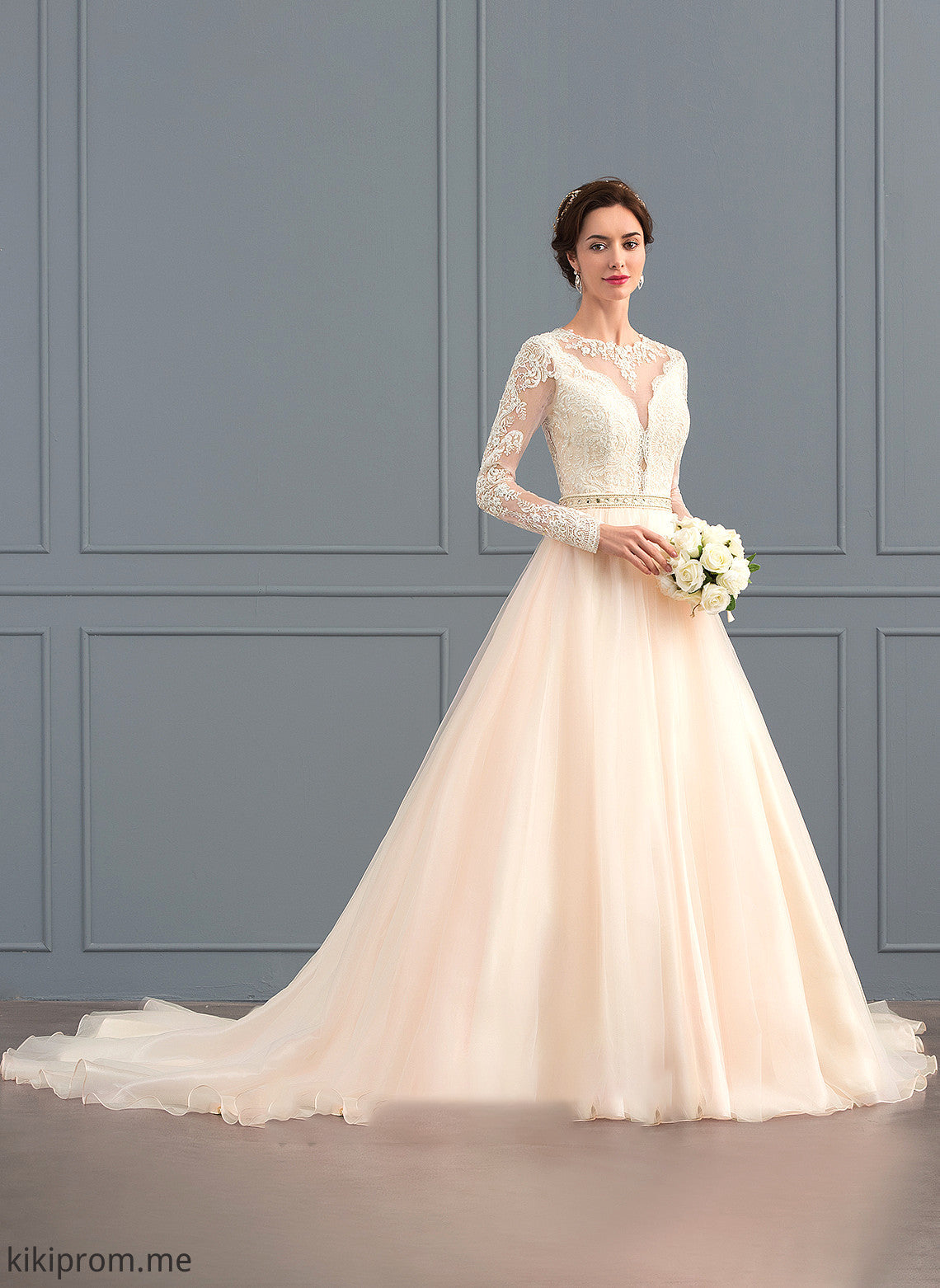 With Amirah Scoop Train Wedding Dresses Wedding Tulle Dress Chapel Ball-Gown/Princess Neck Beading