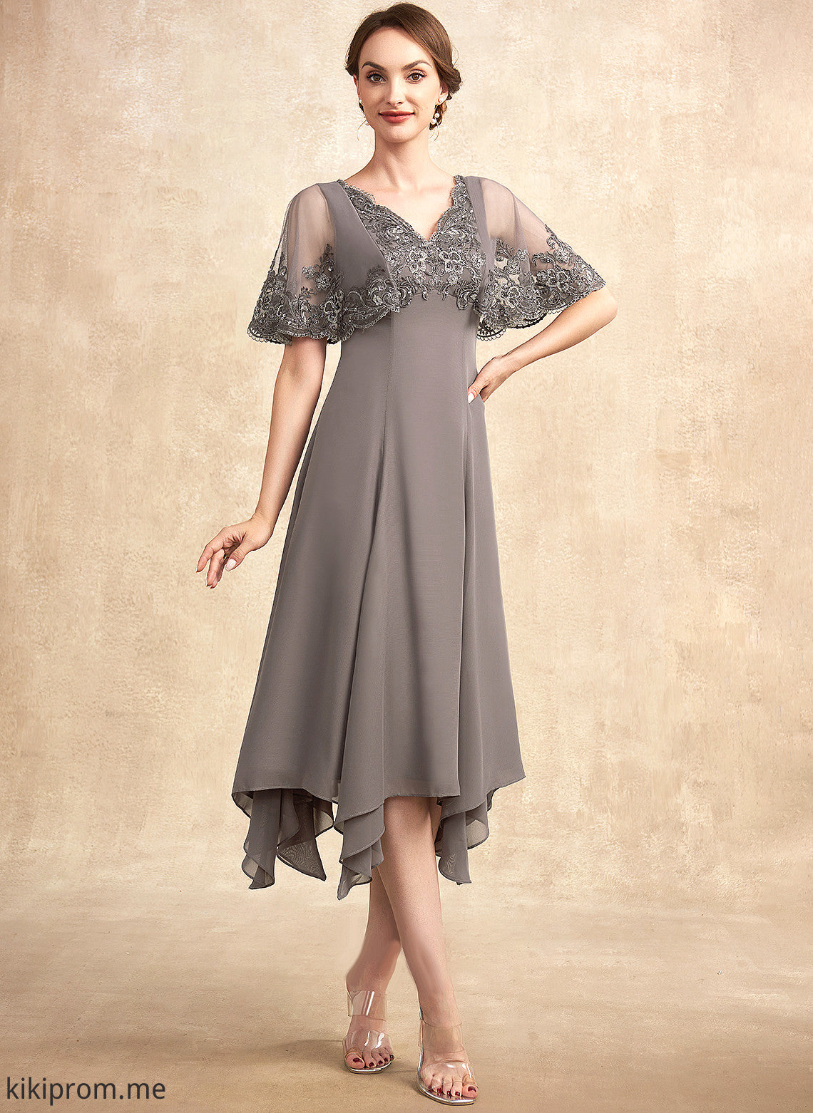 Chiffon of Mother Sequins Bride A-Line Dress Lace Emmalee Tea-Length Beading Mother of the Bride Dresses the V-neck With