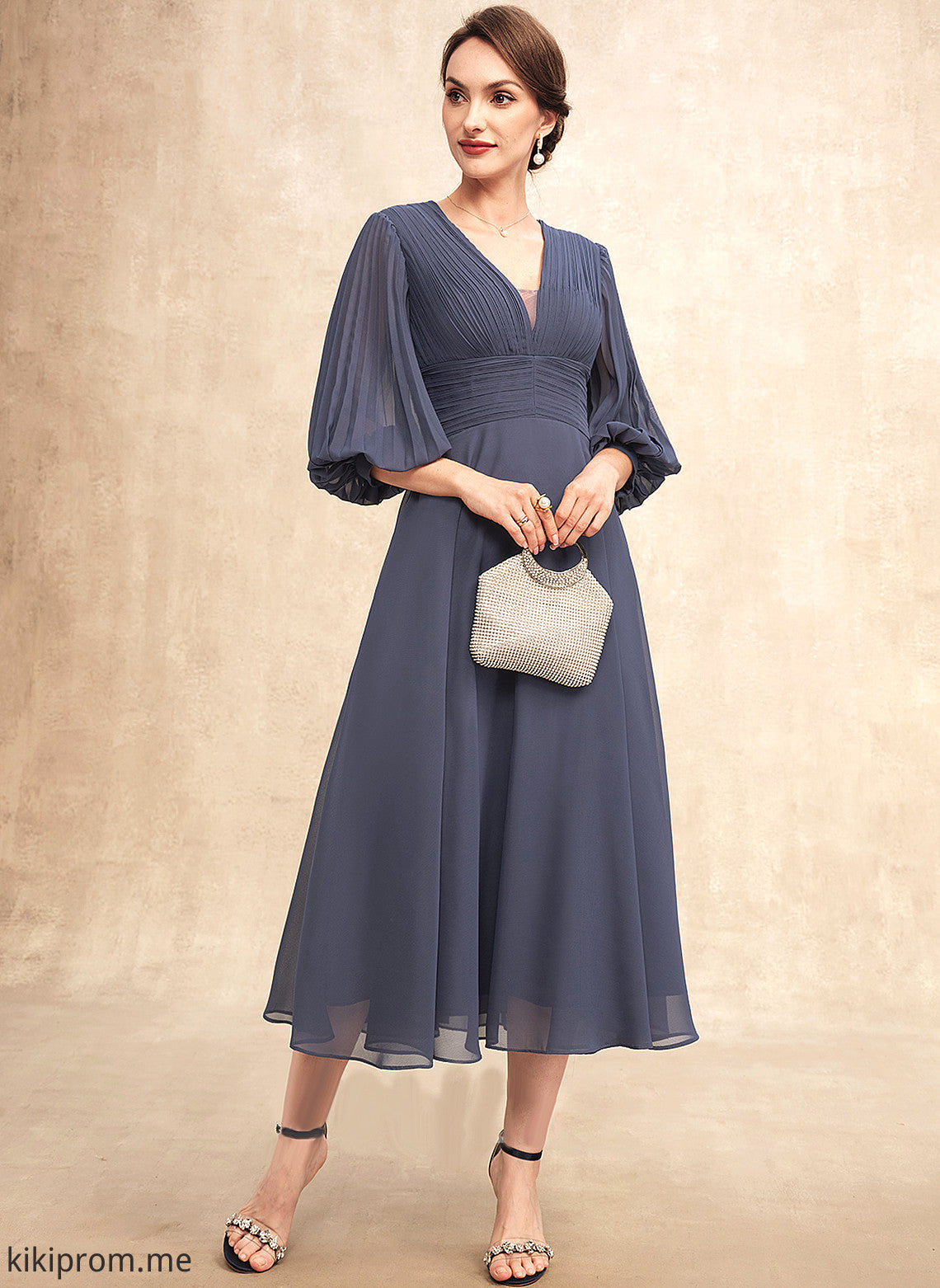 Brenda With Bride Mother Tea-Length Ruffle of Mother of the Bride Dresses Dress the A-Line V-neck Chiffon