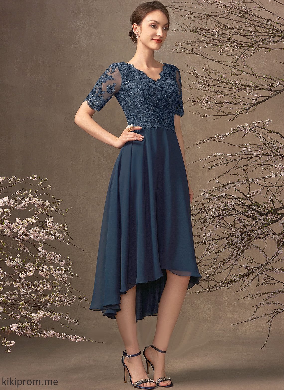 With Sequins Chiffon Lace A-Line Mother of V-neck Dress Mother of the Bride Dresses the Asymmetrical Rhoda Bride