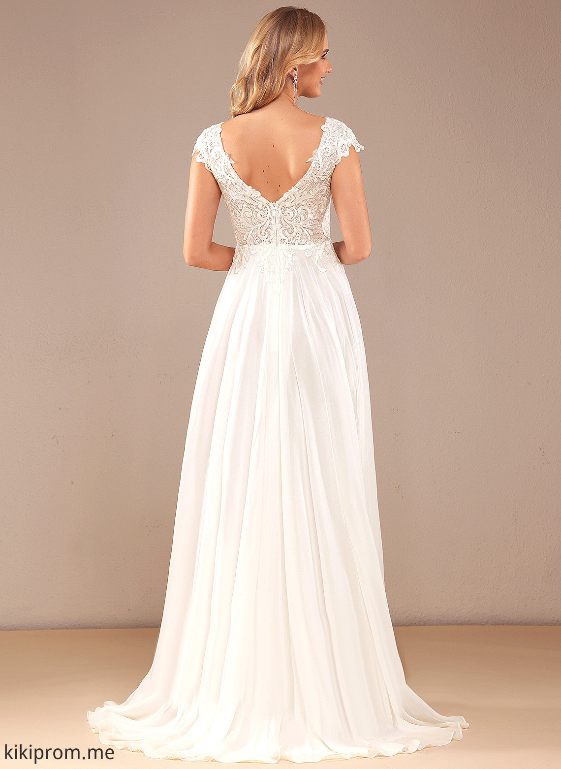 A-Line Natasha Wedding Dresses Chiffon Sweep Dress Lace Train V-neck Wedding Lace With