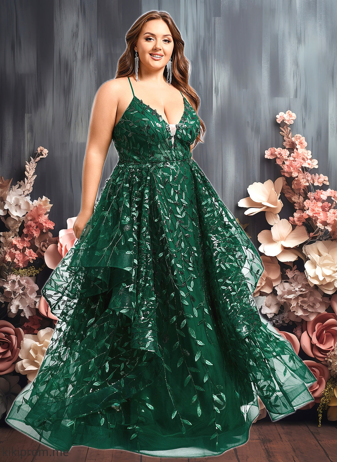 Renata Ball-Gown/Princess V-Neck Floor-Length Lace Floral Prom Dresses With Sequins HFP0025838