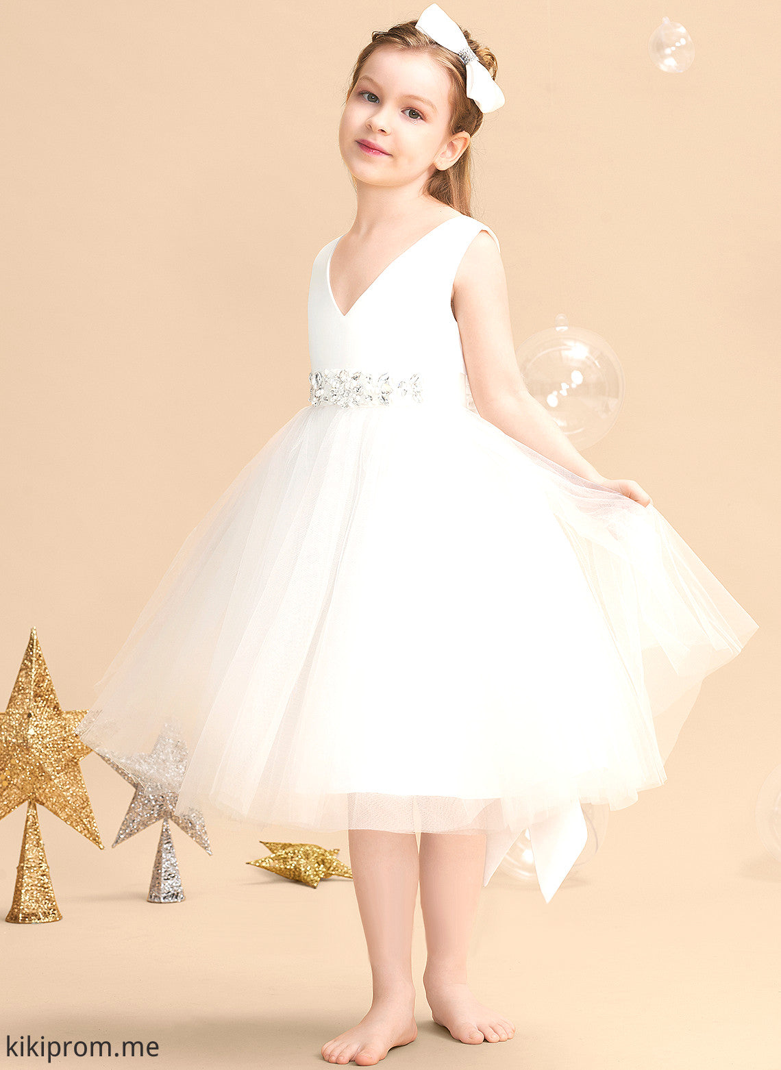 V-neck Flower Millicent Flower Girl Dresses With Sleeveless A-Line Girl Satin/Tulle - Dress Bow(s) Knee-length