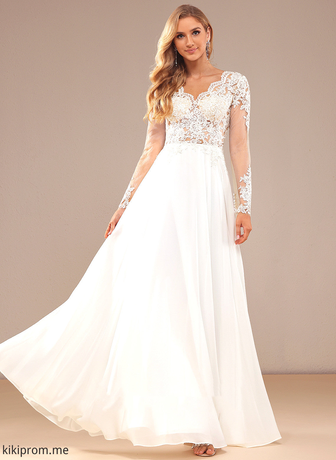 Liliana Floor-Length Dress Lace Wedding Dresses Wedding With A-Line Chiffon V-neck Lace Sequins