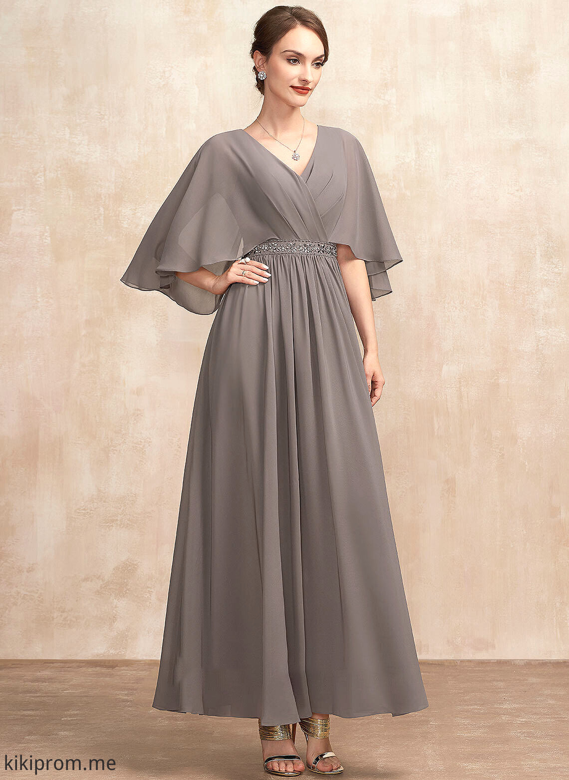 of Ankle-Length A-Line Chiffon Mother Beading Bride Dress Ruffle Mother of the Bride Dresses the V-neck With Bianca