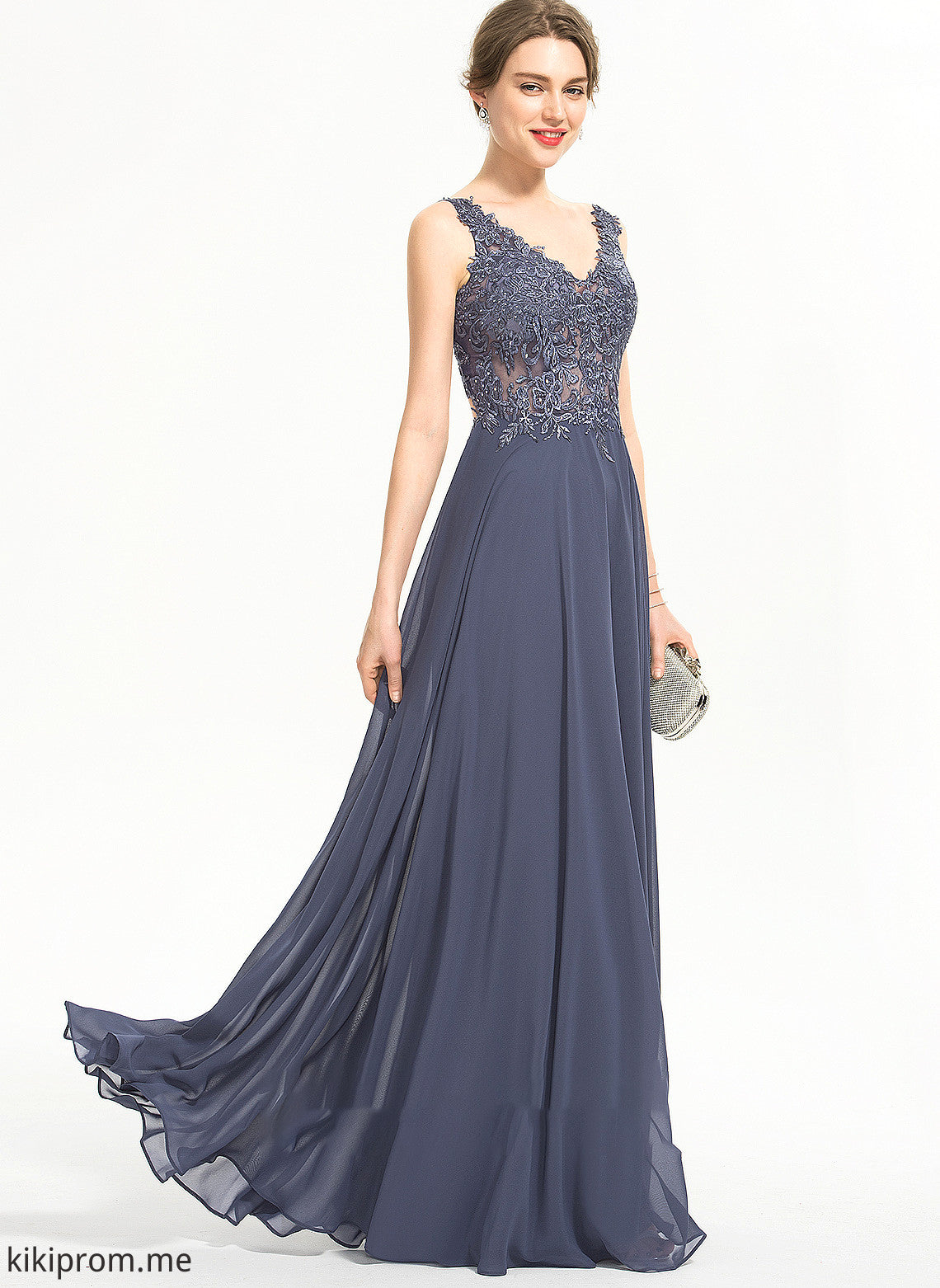 With Chiffon Sequins Split V-neck A-Line Prom Dresses Beading Front Ciara Floor-Length