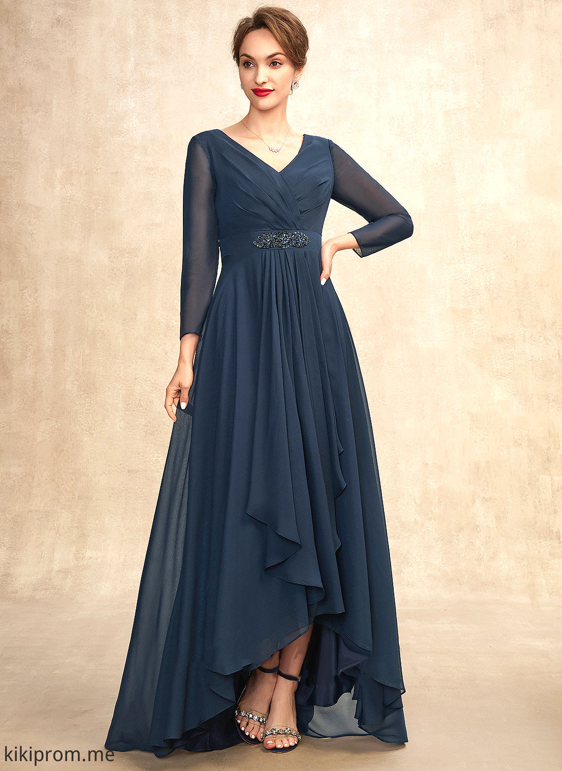 Mother Ruffle Bride Beading the Mother of the Bride Dresses Bow(s) Chiffon A-Line V-neck Dress With of Kit Asymmetrical