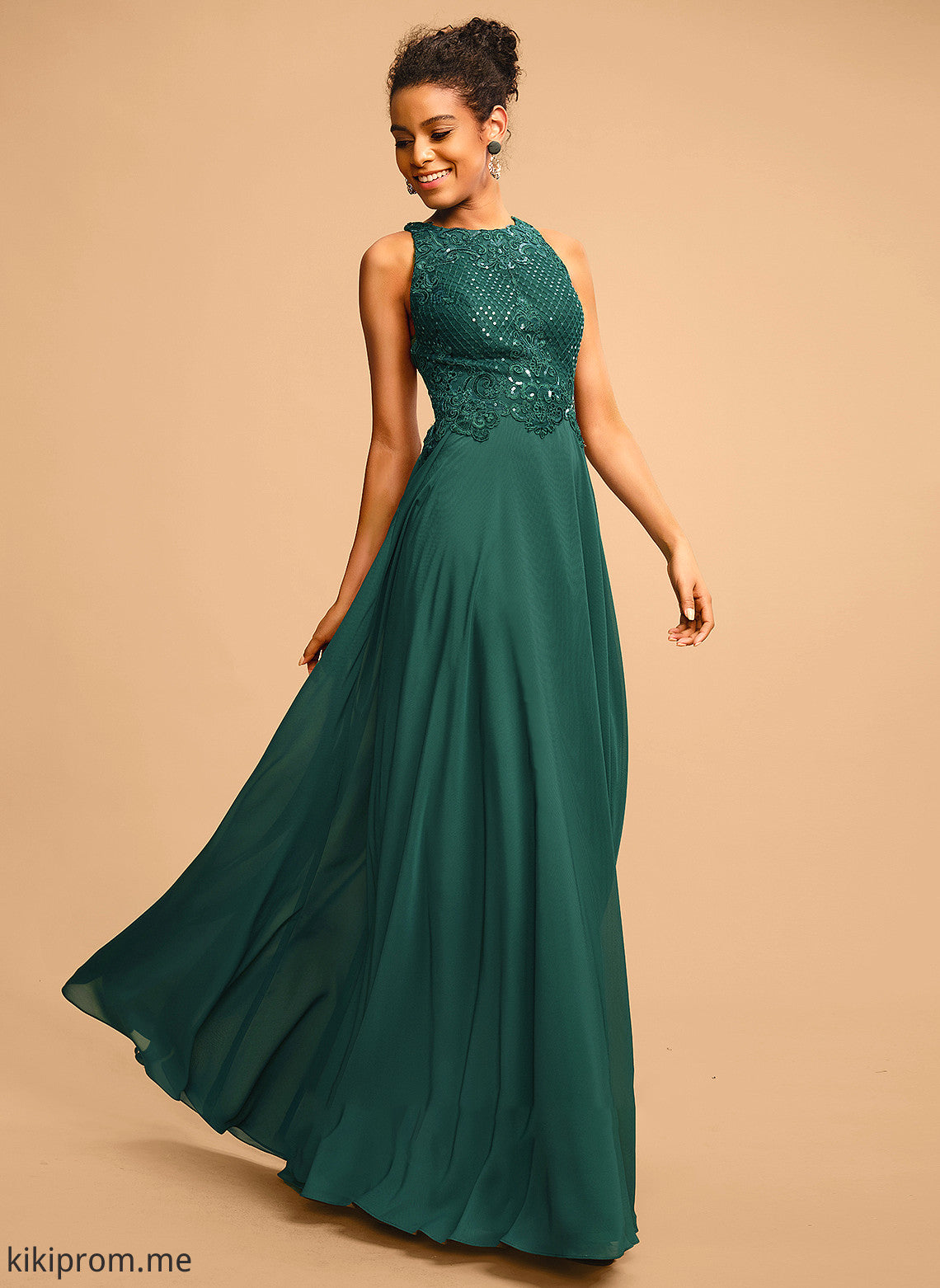 Chiffon Lace Maya Front With Split Neck Prom Dresses Sequins Floor-Length A-Line Scoop