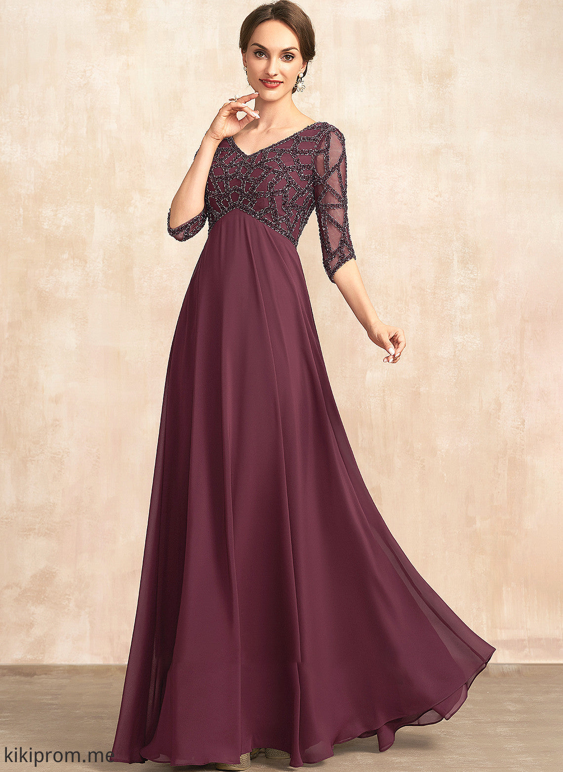 of Dress With Floor-Length Empire the Beading Mother of the Bride Dresses Ashtyn Bride Chiffon Mother V-neck