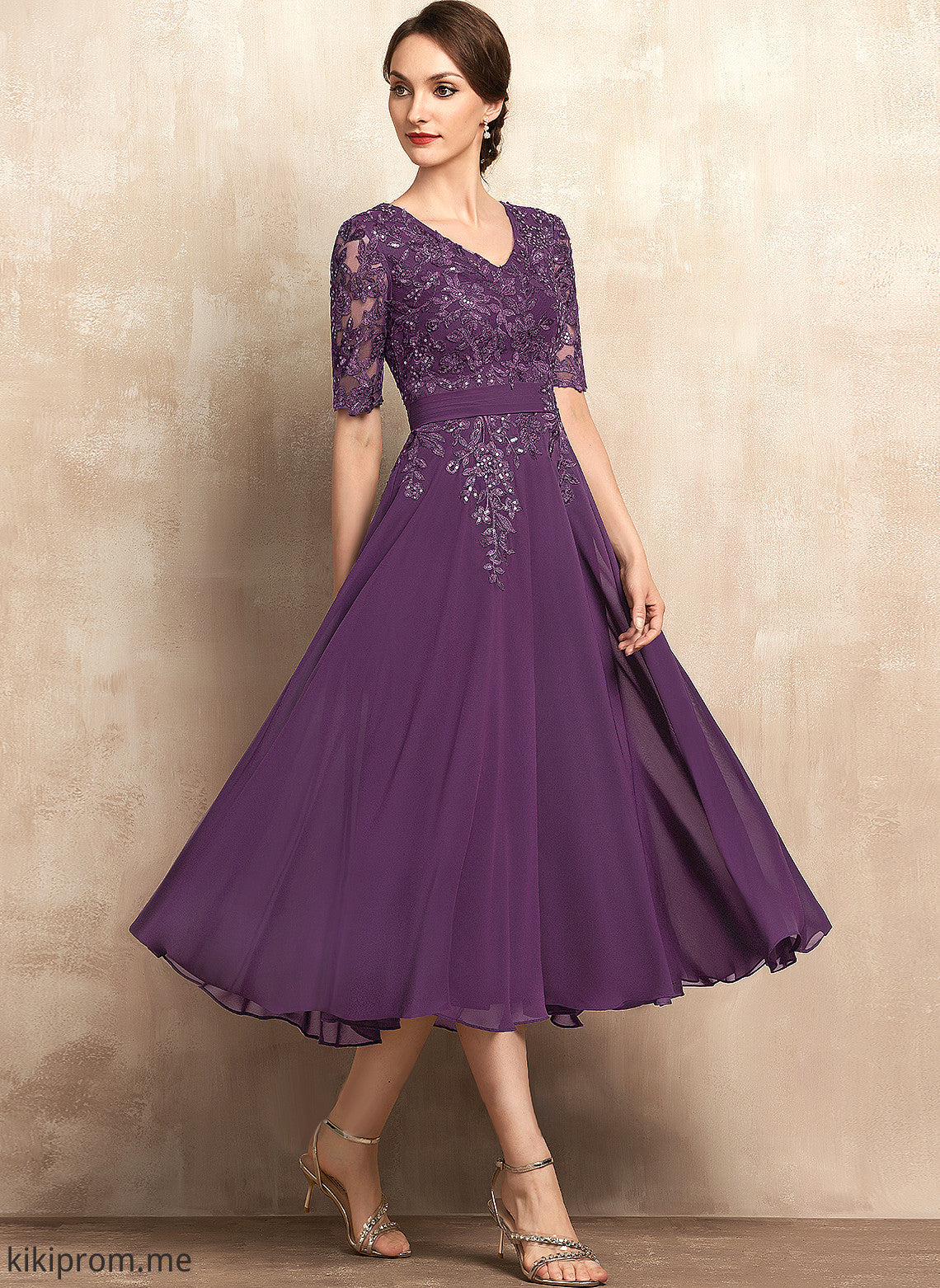 of Sequins Tea-Length V-neck Mother Mother of the Bride Dresses the Chiffon Adrienne A-Line Bride With Lace Dress