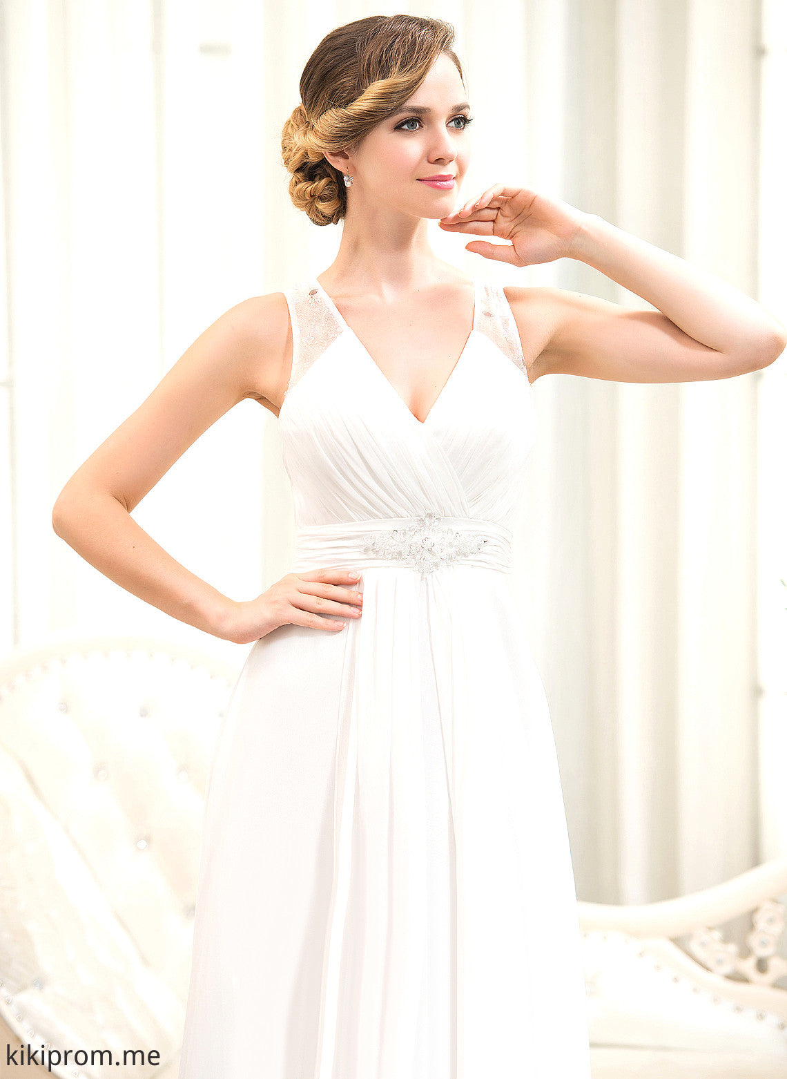 Chiffon Wedding Dresses Cascading A-Line Beading V-neck Adeline Train With Wedding Ruffles Sweep Dress Tulle Sequins