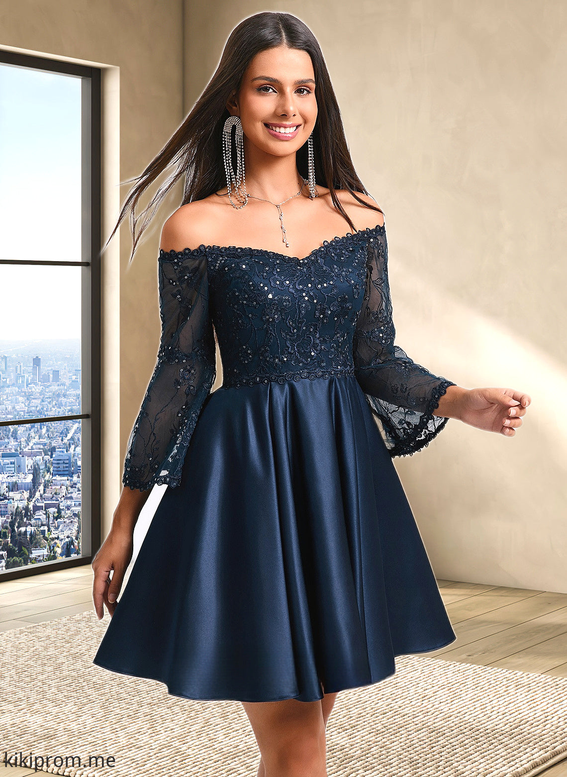 Magdalena A-line Off the Shoulder Short Satin Homecoming Dress With Sequins HFP0025651